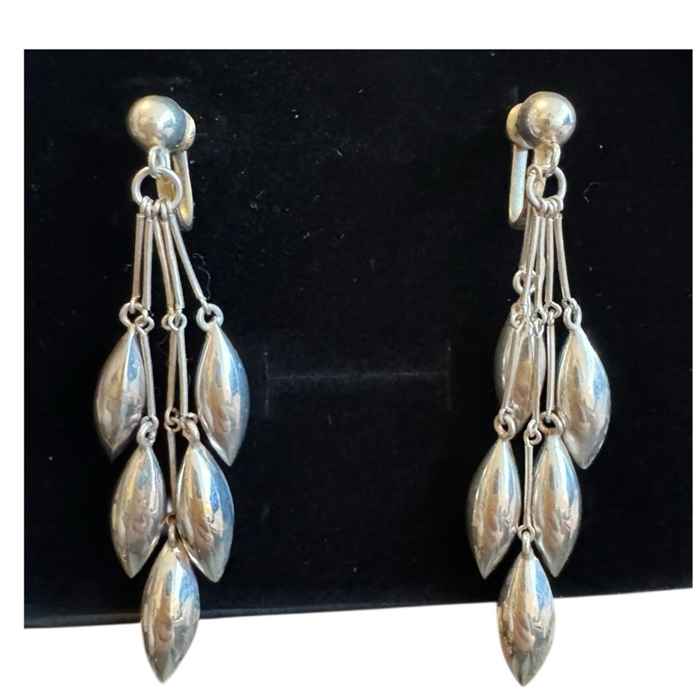 Vintage Silver MSN signed Leaf Dangle Clip-On Earrings